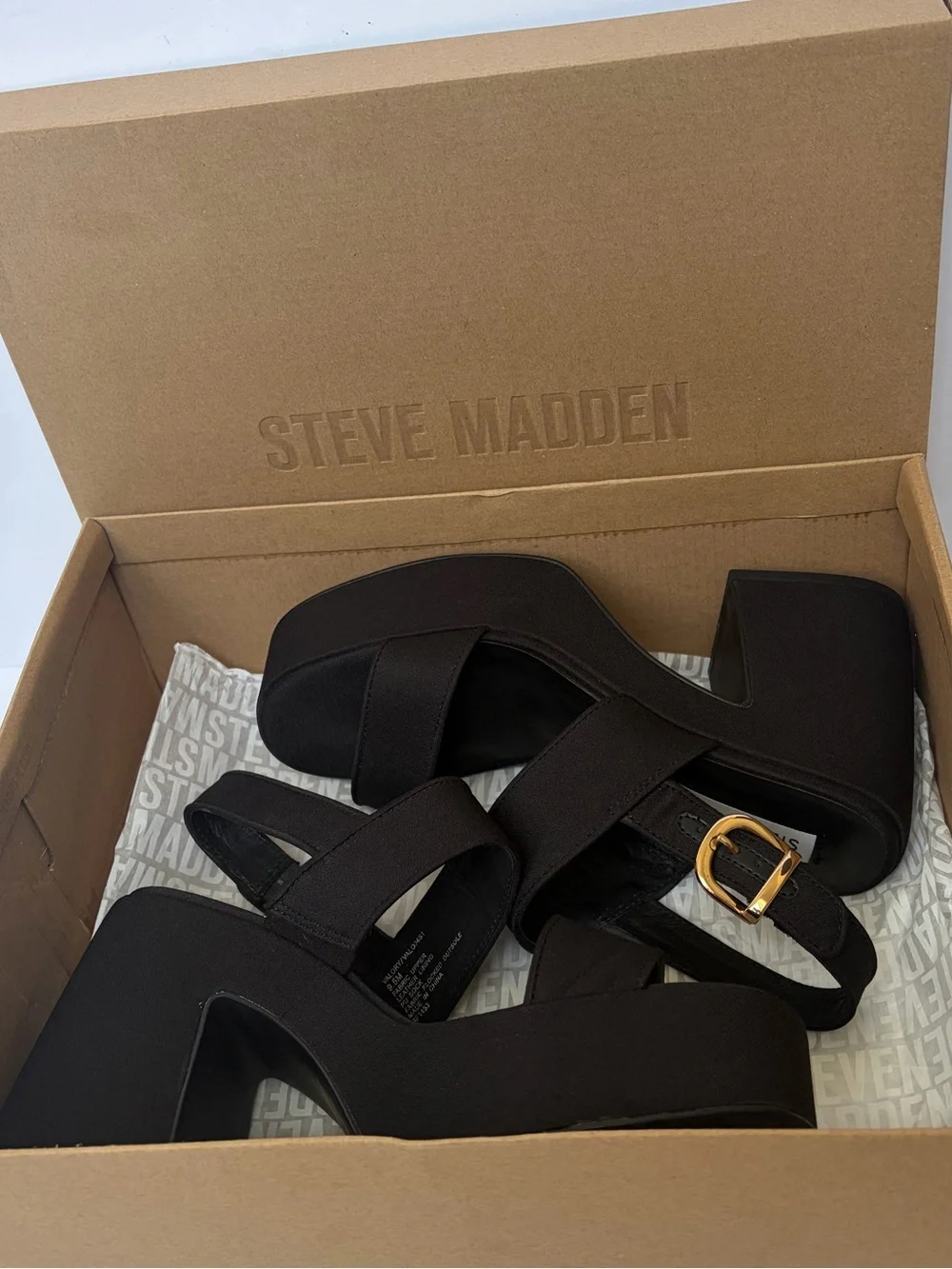 Steve Madden Black Platform Slingback Chunky Sandal/Heel with Gold Buckle